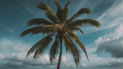 A palm tree against a partly cloudy sky and ocean, providing a tropical and coastal atmosphere.