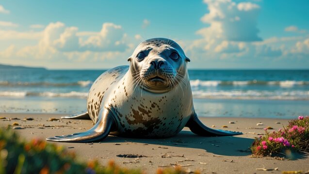A seal resting on the beach with the ocean and sky in the background. Marine life and wildlife conservation. Coastal environment. Nature and animals. The concept of marine ecosystems and wildlife p... - Powered by Adobe