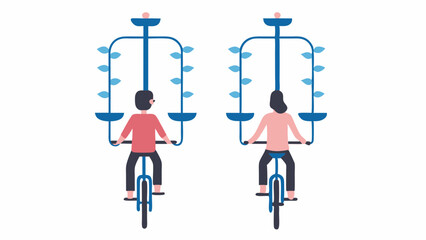 Two people riding bicycles with blue structures including leaves and bowls attached to the bikes behind them