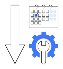 Downward arrow with calendar and gear icon for schedule, planning, and task prioritization. Ideal for productivity, workflow, maintenance, project planning, deadlines goal setting. Flat simple