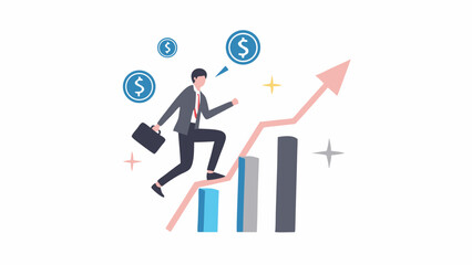 Illustration of a businessman climbing a graph towards dollar coins and financial success with briefcase