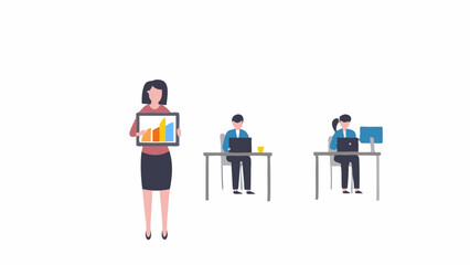Woman presenting bar graph with colleagues working at desks in an office environment illustration