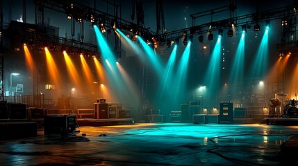 Empty Concert Stage with Urban Night, Lights, and Show.