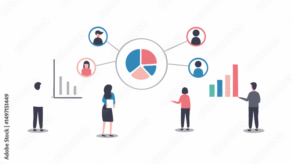 Poster illustration of business team analyzing pie chart and bar graph with connected avatars and presentat