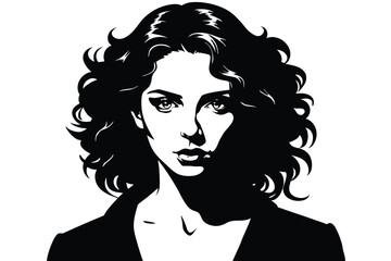 Black and white portrait illustration of a glamorous woman with long hair, highlighting her elegant face, eyes, and lips