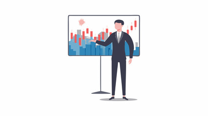 Man in suit presenting stock market data on a screen with bar chart and candlestick patterns shown clearly