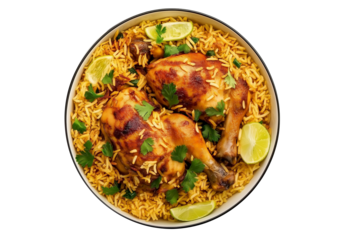 Chicken biryani isolated on white background.