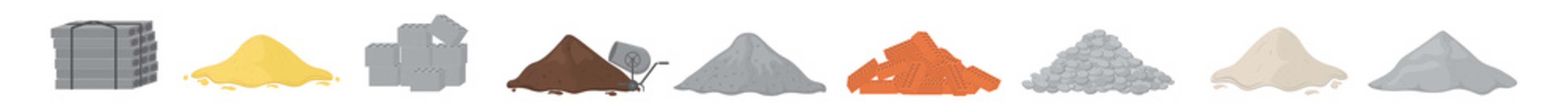 png construction material stack with red brick and cement pile including metal roof panel and concrete block for renovation work in industrial building vector illustration set

