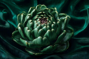 Obraz premium Close-up of a vibrant green artichoke on a deep teal velvet surface.