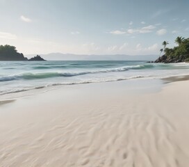 White sand beach, gentle waves breaking, distant green island silhouette ,  horizon,  stock photo,  blue