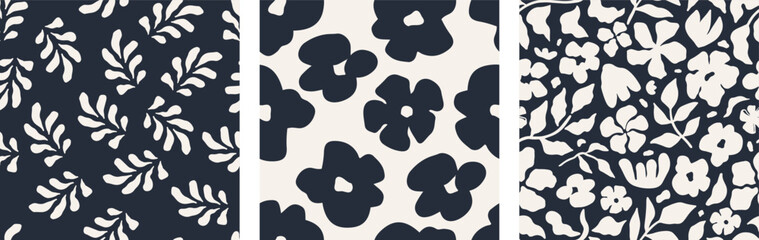 Decorative seamless floral pattern design set featuring organic shapes. Suitable for surface pattern design, textile, and fashion applications. Black and white floral backgrounds. Vector illustration © Viktoriia