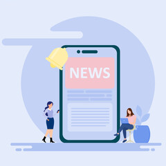 News page concept with characters. Using mobile phones, tablets and computers to read news. Illustrations in flat style for banners, websites, applications.