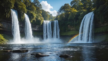 Fototapeta premium Waterfalls on a river with lush green trees and a rainbow in the background. Nature scenery and outdoor landscape photography.