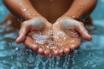 Fototapeta premium Hands cupping water droplets while submerged, capturing a moment of tranquility in a serene aquatic environment