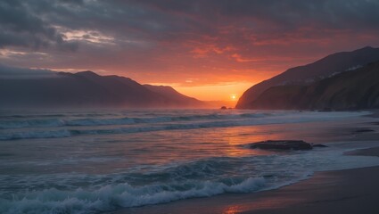 Obraz premium Sunset over a mountain coastline with the sky painted in warm hues and waves crashing onto the shore.