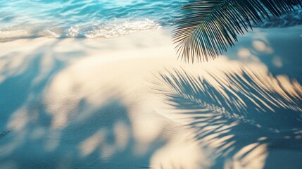 Tropical beach with palm leaves casting shadows on the sand. Ideal for travel brochures, vacation ads, backgrounds for travel websites.