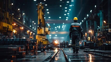 Factory Worker Walking with Industrial Plant, and Steel Mill.