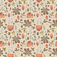 Elegant hand drawn pattern design with illustrations of dried herbs, leaves and flowers. Perfect for home textile, wallpapers, fabrics, apparel, packaging design, stationery and other printed goods