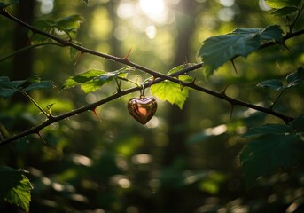 A symbolic depiction of love and hate intertwined, set against a peaceful natural landscape.
