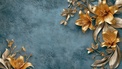Gold lilies and leaves on a textured teal background