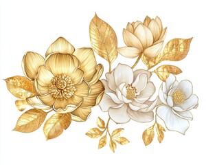 Flower Gold. Watercolor Linear Bouquet of Magnolia, Rose, Lily and Lotus on White Background