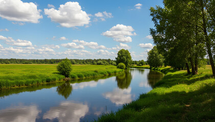 Tranquil winding river reflecting clear blue sky through green meadows with distant forest