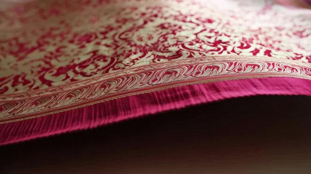 Elegant textile featuring intricate gold leaf pattern on vibrant red backdrop, perfect for traditional design elements and luxurious ornamentation.