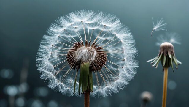 Dandelion seed head with floating seeds, close-up, minimalistic background. Nature and botanical concept. The delicate structure of a dandelion seed.