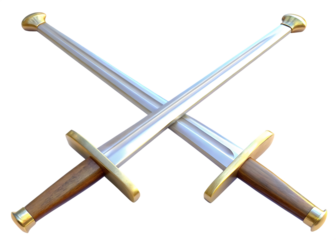 Two Crossed Swords With Gold Accents and Wooden Grips.,  isolated on white background PNG