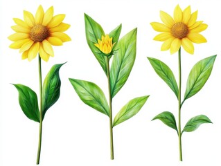 Fototapeta premium Flower Stems. Three Sunflower Blooms with Leaves Isolated on White Background
