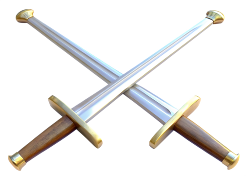 Two Crossed Swords With Gold Accents and Wooden Grips.,  isolated on white background PNG