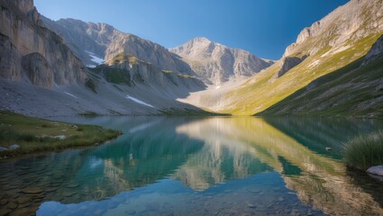 Fototapeta premium Scenic mountain landscape with a calm lake reflecting the surrounding peaks and clear blue sky.