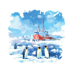 Penguins gather near research ship in the Arctic during a bright, clear day surrounded by ice and water