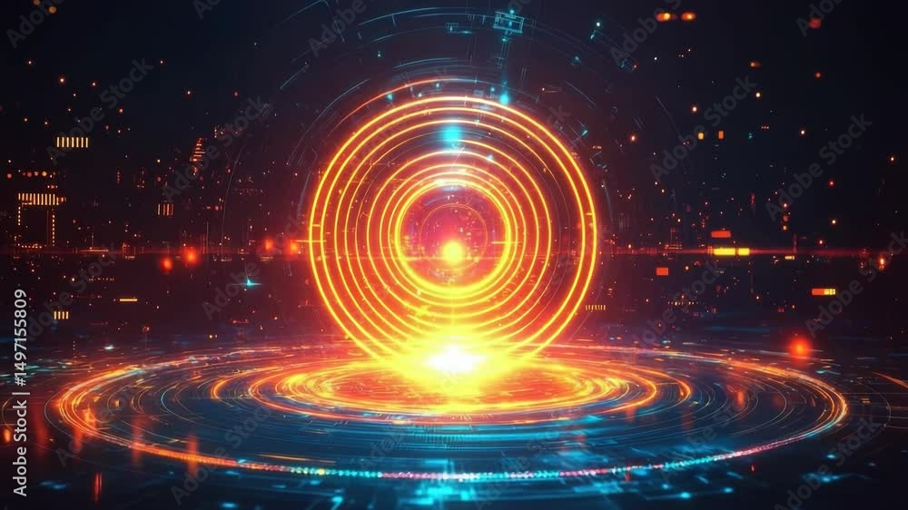 Poster a vivid technology background features neon colors and motion graphics, illustrating a complex circu