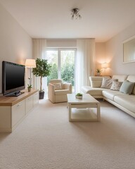 Modern living room with cozy furniture, natural light streaming through large windows, and greenery outside