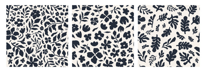 Abstract floral seamless pattern set. Contemporary floral design with black and white flower in a repeatable pattern. Great for wallpaper, apparel, scrapbooking and decor projects. Vector illustration