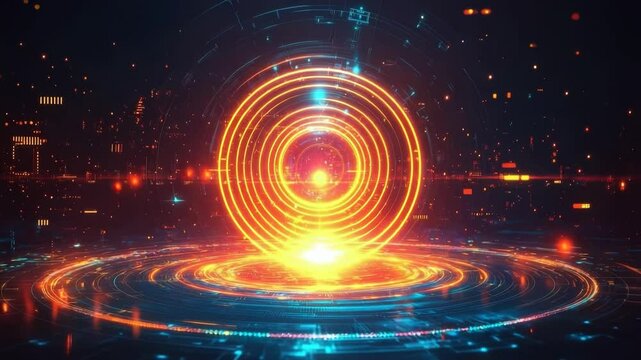 A vivid technology background features neon colors and motion graphics, illustrating a complex circular pattern filled with glowing energy and futuristic energy waves.