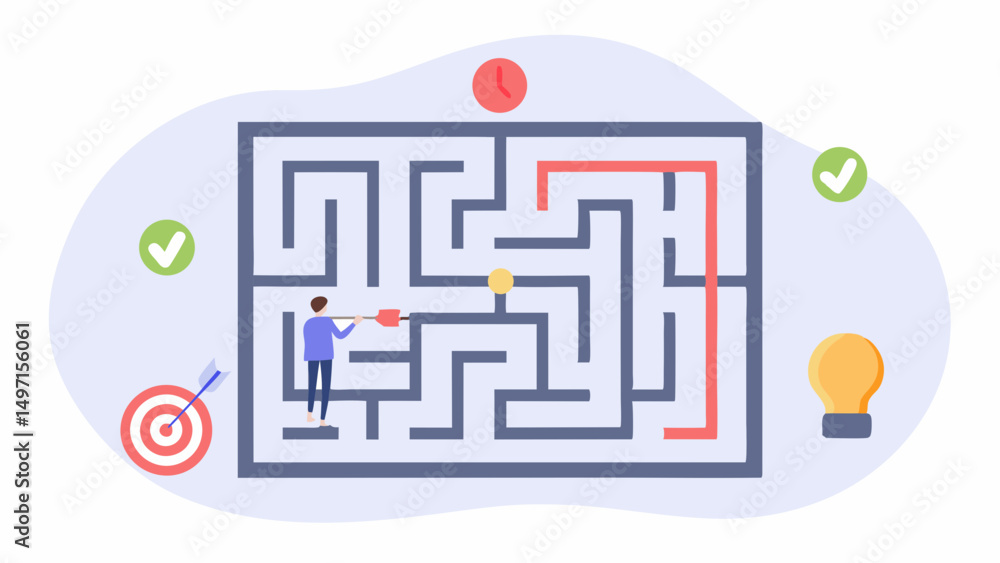 Poster illustration of a man navigating a maze with a red path to the exit, a target and lightbulbs present