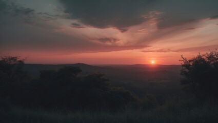 Sunset over a landscape with trees and hills, with colorful sky and clouds. Nature scene during evening. The time of day is sunset.