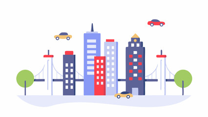 Cityscape illustration featuring buildings, bridges, trees, and cars in a flat design style view scene