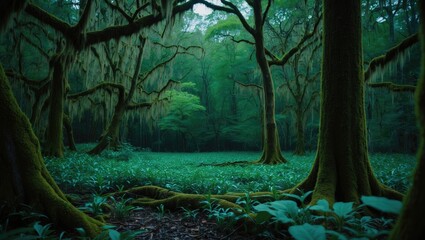 Lush green forest scene with tall trees, moss-covered branches, and dense foliage, showcasing a serene natural environment.
