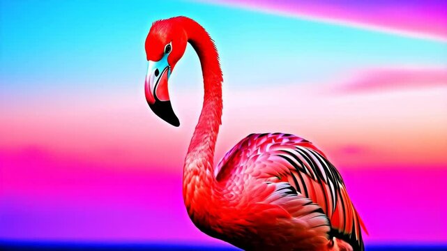 Vibrant portrait of a red flamingo with long neck against a colorful gradient sky of blue, pink, and purple hues