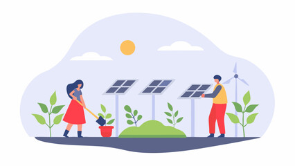 People interacting with solar panels and plants in a sustainable energy environment illustration