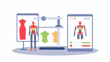 Illustration of a robot standing next to a dress display and shirts hanging on a rack with a tablet nearby