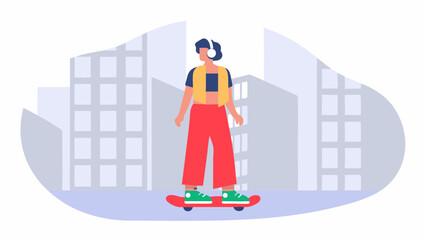 Woman with headphones skateboarding in an urban setting with tall buildings in the background on a skateboard
