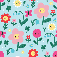 Seamless pattern with cute funny flowers on a blue background. Vector graphics.