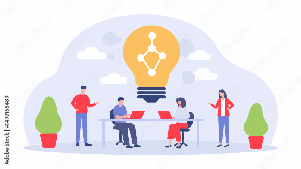 Aufkleber illustration of a team collaborating with laptops under a large lightbulb representing an idea gener