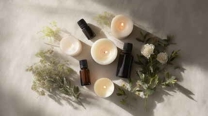 flat lay arrangement featuring various aromatic candles and essential oils arranged elegantly on soft fabric