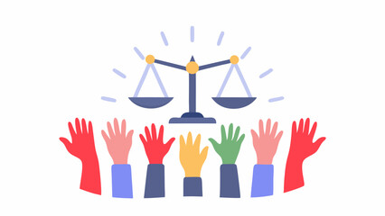 Illustration of scales of justice above diverse raised hands symbolizing equality and fairness for all
