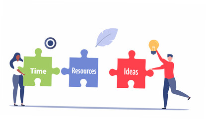 Teamwork concept showing time resources and ideas represented by puzzle pieces and people working together